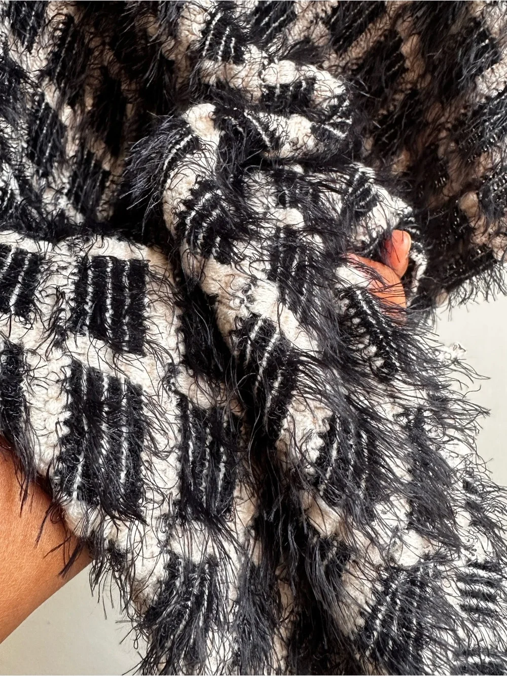 Simonetta Black and Cream Plaid Fringe Poncho